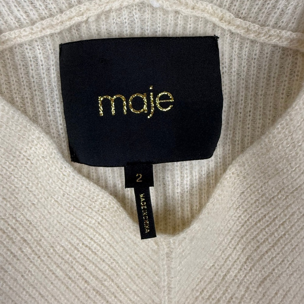 Maje Cashmere Sweater V-Neck Ribbed Jumper Knit Pullover Cream Size M Designer - Picture 2 of 10